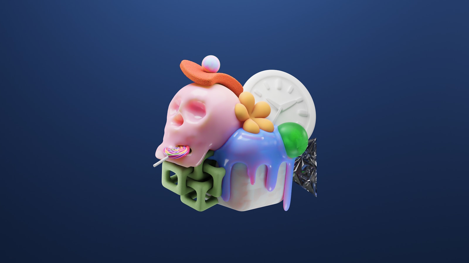 A whimsical skull and assorted colorful objects.