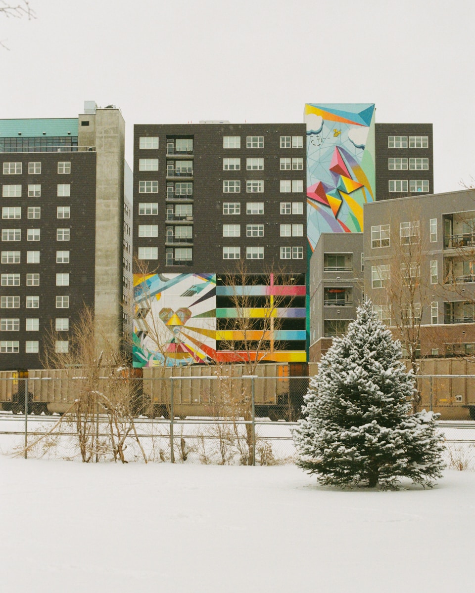 Buildings with colorful murals in a snowy urban setting.