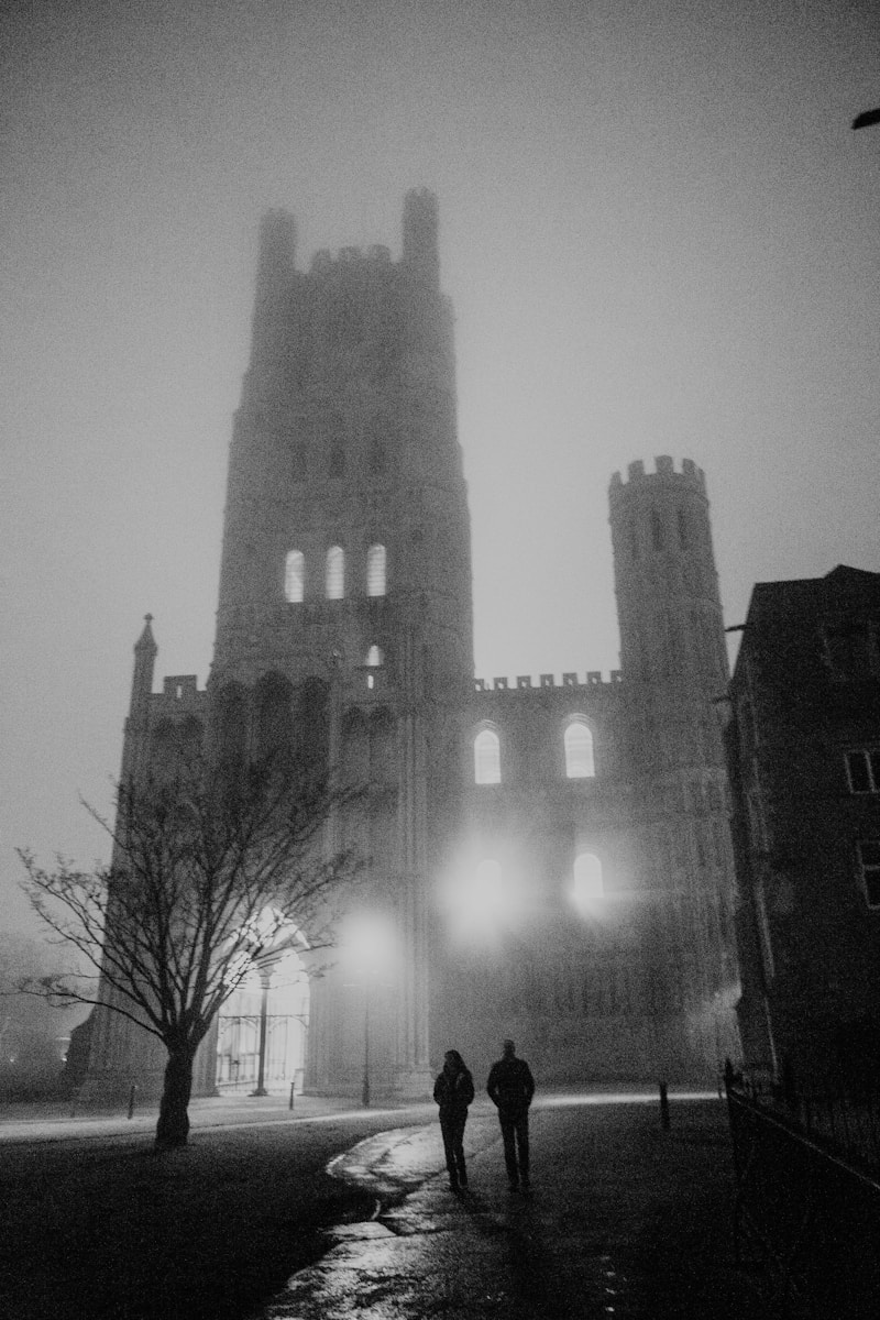 Two figures walk towards a large cathedral in fog.