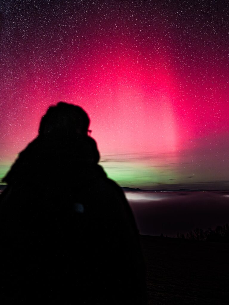Person watches vibrant aurora borealis in starry night sky