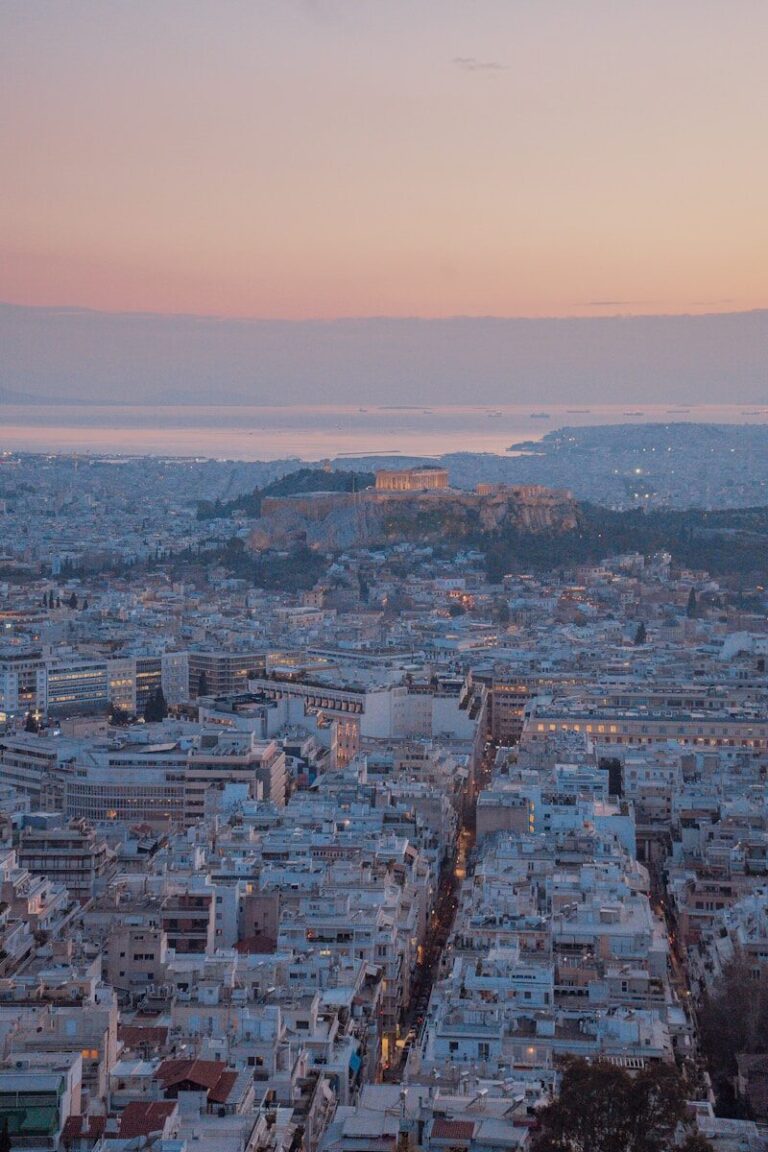 Cityscape with ancient ruins at sunset